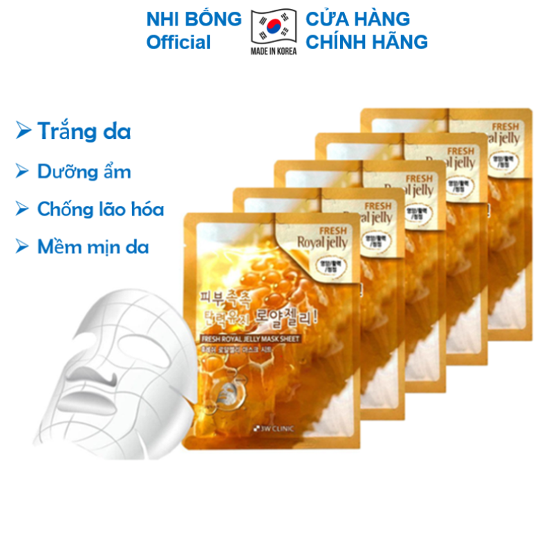 [ 10 Túi ] Mặt nạ giấy dưỡng trắng da dưỡng ẩm chiết xuất sữa ong chúa 3W Clinic Hàn Quốc 23mlx10 giúp da trắng sáng mềm mịn tự nhiên MN05 nhập khẩu