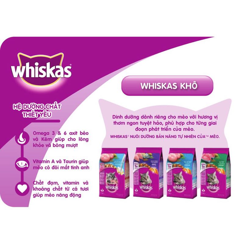 Combo 3 Whiskas thức ăn hạt cho mèo lớn (vị cá thu, 3 x 400g/ gói = 1,2kg)