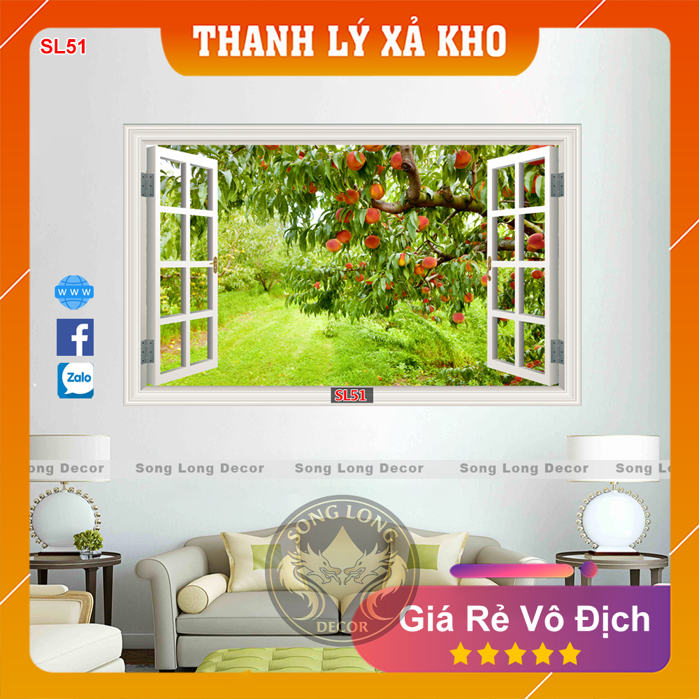 Tranh Dán Tường Cửa sổ Vườn Táo - SL51-Tranh 3d phòng khách- Song Long Decor