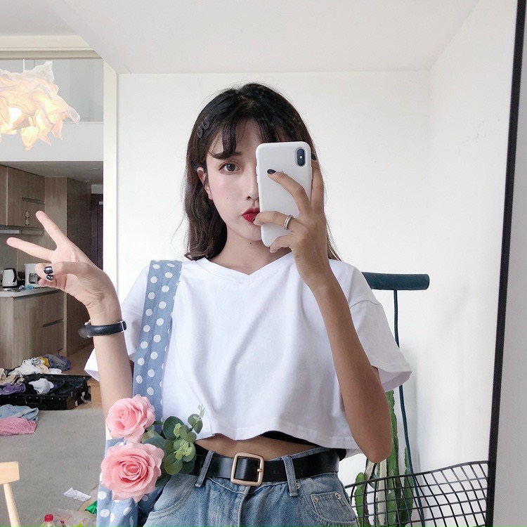 Áo thun nữ trơn from croptop cổ tim cá tính siêu hot