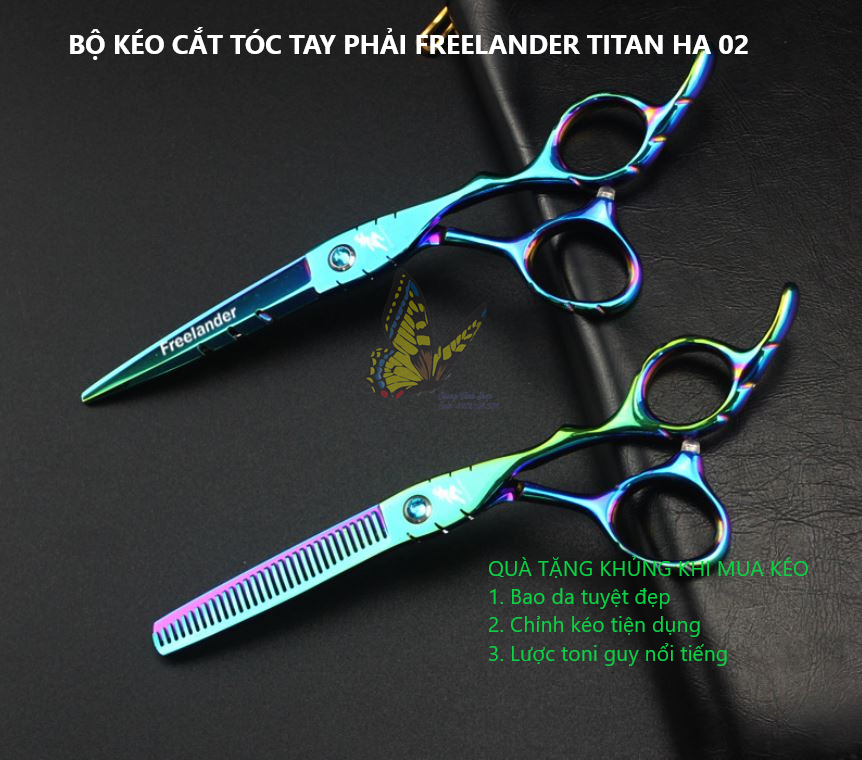Bộ kéo cắt tóc TAY PHẢI Freelander titan HA 02 (mua cặp kéo được tặng bao da, lược toni, chỉnh kéo)