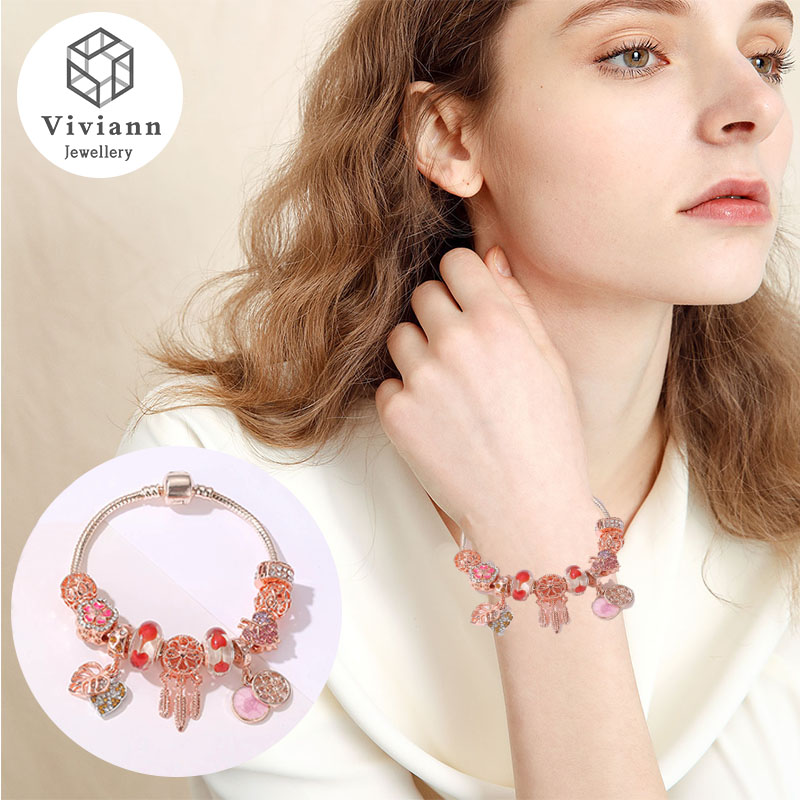 Viviann Crystal  Charm Bracelets & Bangles Silver plated  Rose gold flower pendant For Women Jewellery Fashion Silver Charms Rose gold Bracelet Bangle For Women Crystal Flower Fairy Bead Fit Brand Bracelets Jewelry PANDORAs