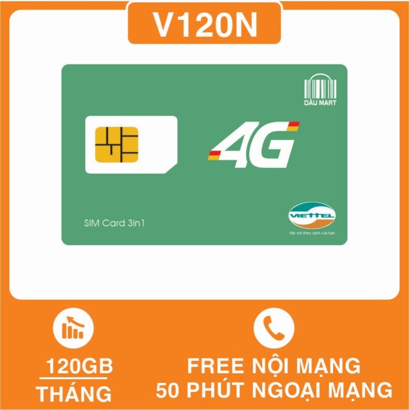 SIM 4G Viettel V120N Tặng 120GB/Tháng, Miễn Phí gọi nội mạng, Tặng thêm 50 phút gọi ngoại mạng / tháng, Thay Thế SIM V90 và V120 - DMC Telecom