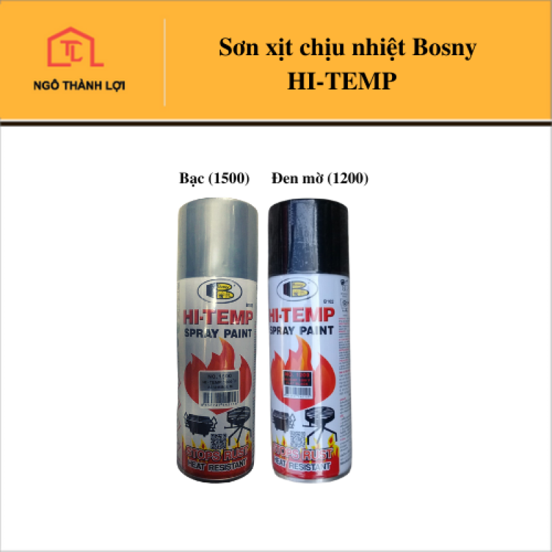 Sơn xịt chống cháy, chịu nhiệt độ cao HI-TEMP Bosny màu bạc (1500) / đen mờ (1200) Nhập khẩu Thái Lan - Sơn pô xe máy, xe ô tô