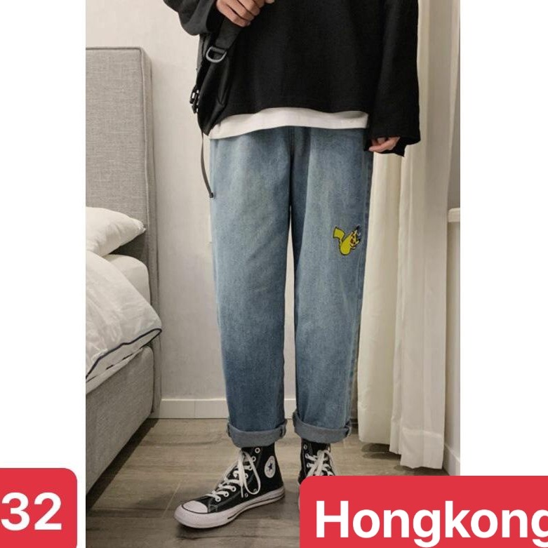 QUẦN BAGGY JEAN NAM CHẤT BÒ ỐNG RỘNG DÀI XANH PIKACHUU NHẬT BẢN DB-32 - HONG KONG FASHION