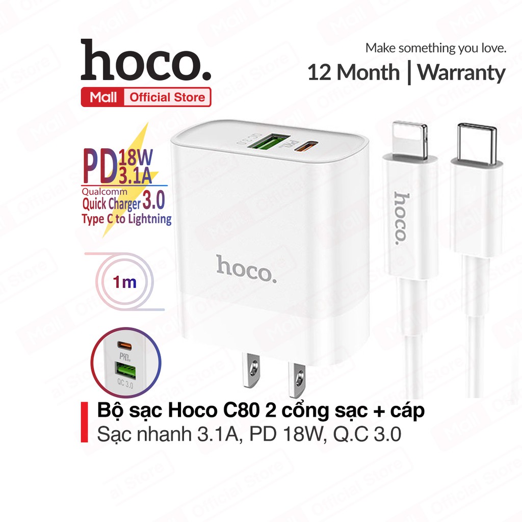 Bộ sạc hoco c80 cốc 2 cổng pd 18w q.c 3.0 sạc nhanh 3.1a