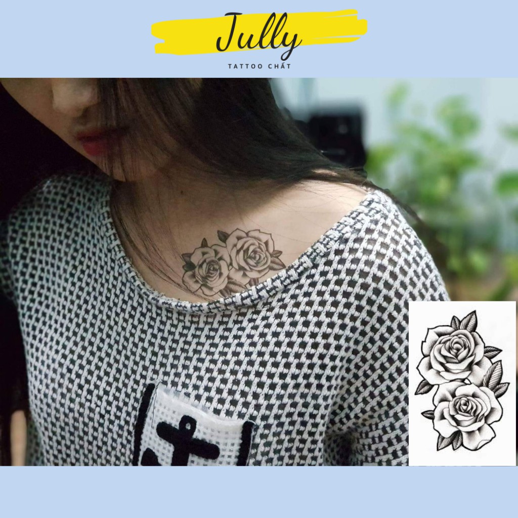 hình xăm dán hoa hồng đen 2 bông mini nghệ thuật JULLY Tattoo chất (kích thước 10,5x6cm) hình xăm chống nước xăm tạm thời an toàn bền đẹp