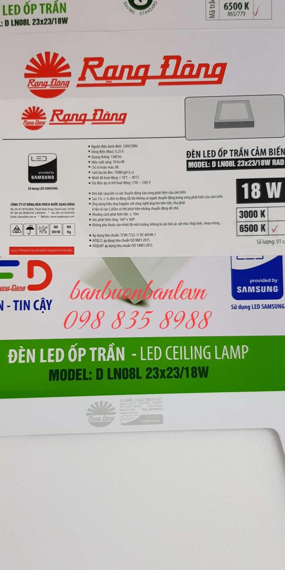 Đèn LED Ốp trần Vuông Cảm biến 18W