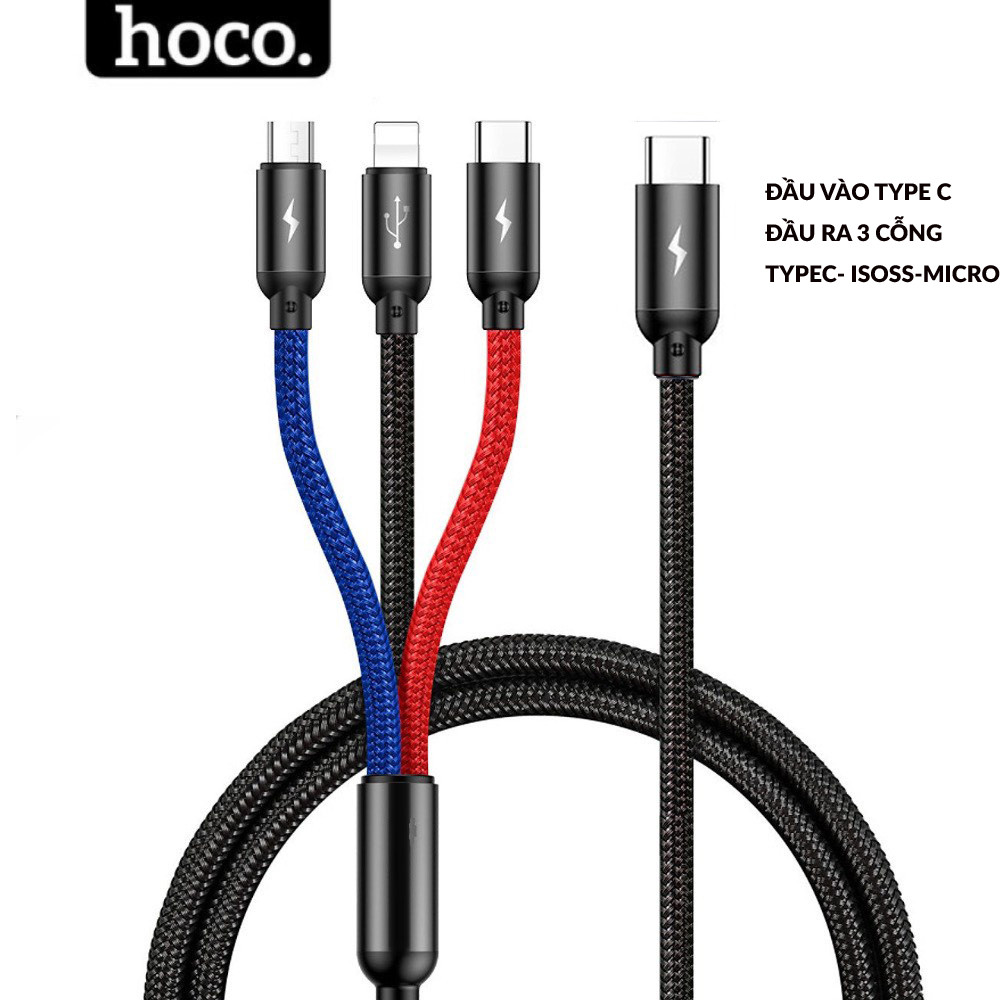Dây sạc 3 in 1 hoco 2.4a , cáp bọc dù 3 đầu đa năng sạc nhiều thiết bị cùng lúc dài 1m2