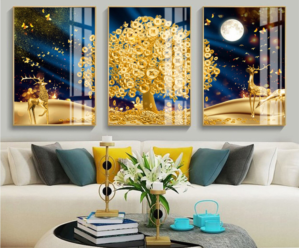 Tranh ghép tráng gương treo tường cây kim tiền THD66- Tặng đinh 3 chân