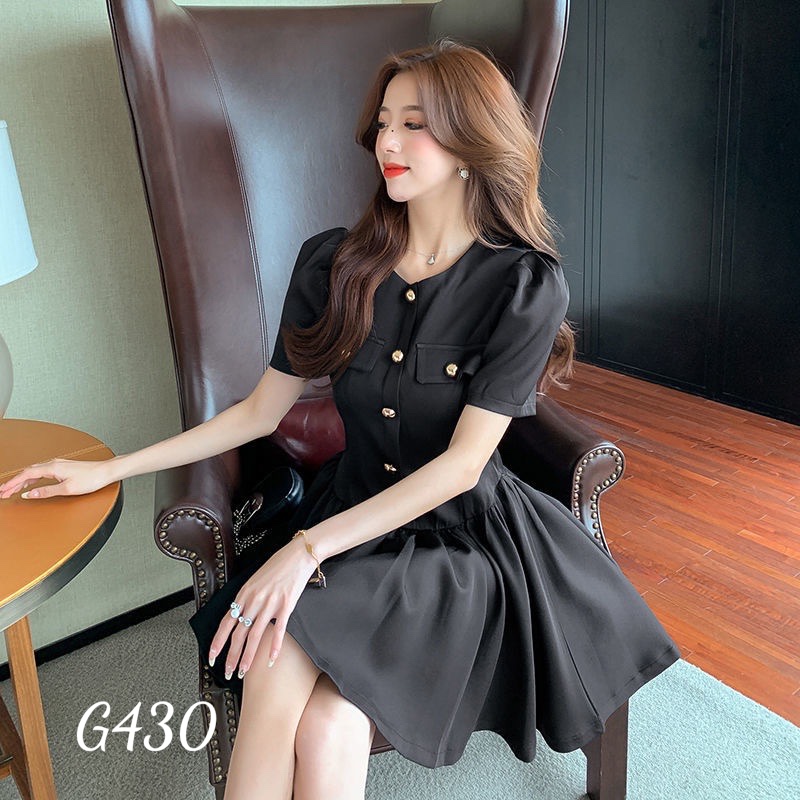 Đầm tay ngắn eo xoè phồng phối nút chân váy xếp ly voan lụa G430