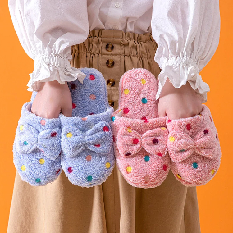 Korean style dot bowknot indoor slippers cotton bowtie slippers slip-on casual slippers bedroom slippers