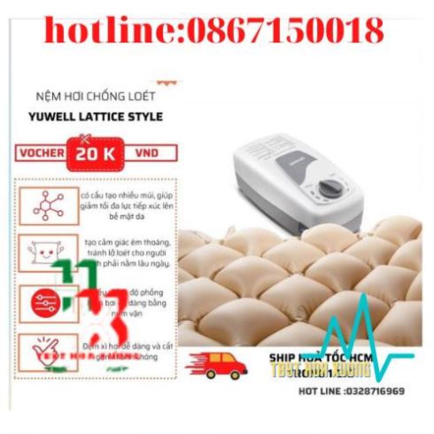 Đệm chống loét Yuwell Lattice kèm máy bơm hơi - Nệm chống loét cho người già