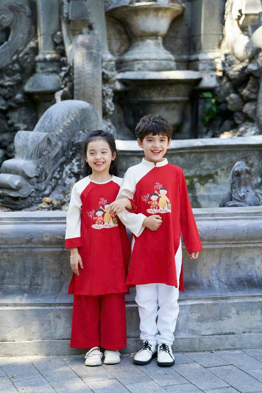 Áo dài cách tân anh em ❤️free ship❤️ chất liệu vải lụa chéo be phối đỏ cho bé trai bé gái - áo dài như ý - ae07