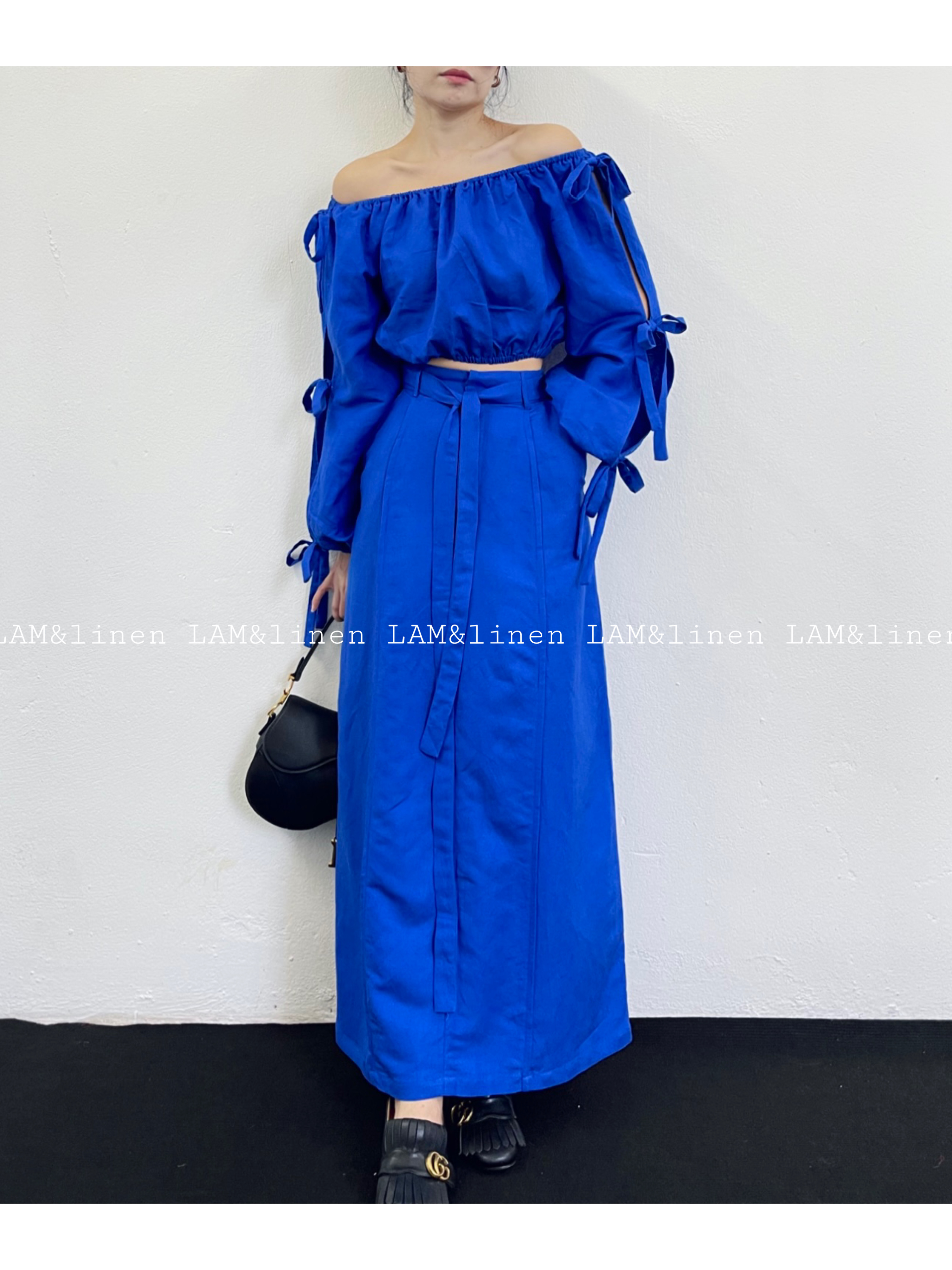 Áo kiểu trễ vai thắt nơ  Linen