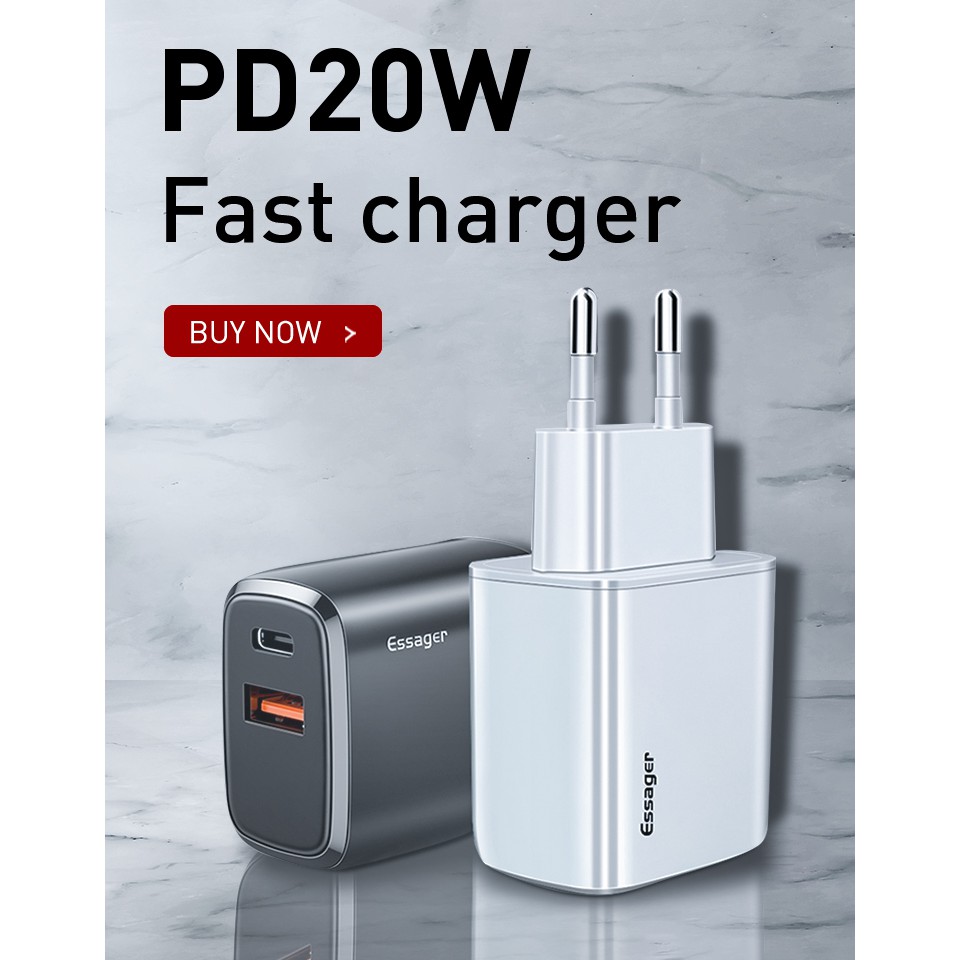 Củ sạc nhanh Essager 2 cổng USB 20W PD3.0 QC3.0 Cho iPhone 12 Pro Mã