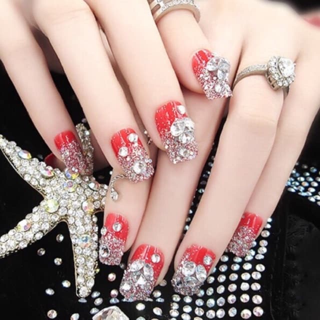 Bộ 24 Móng Tay Giả Đỏ Đính Đá (tặng dũa+keo Dán sẵn)