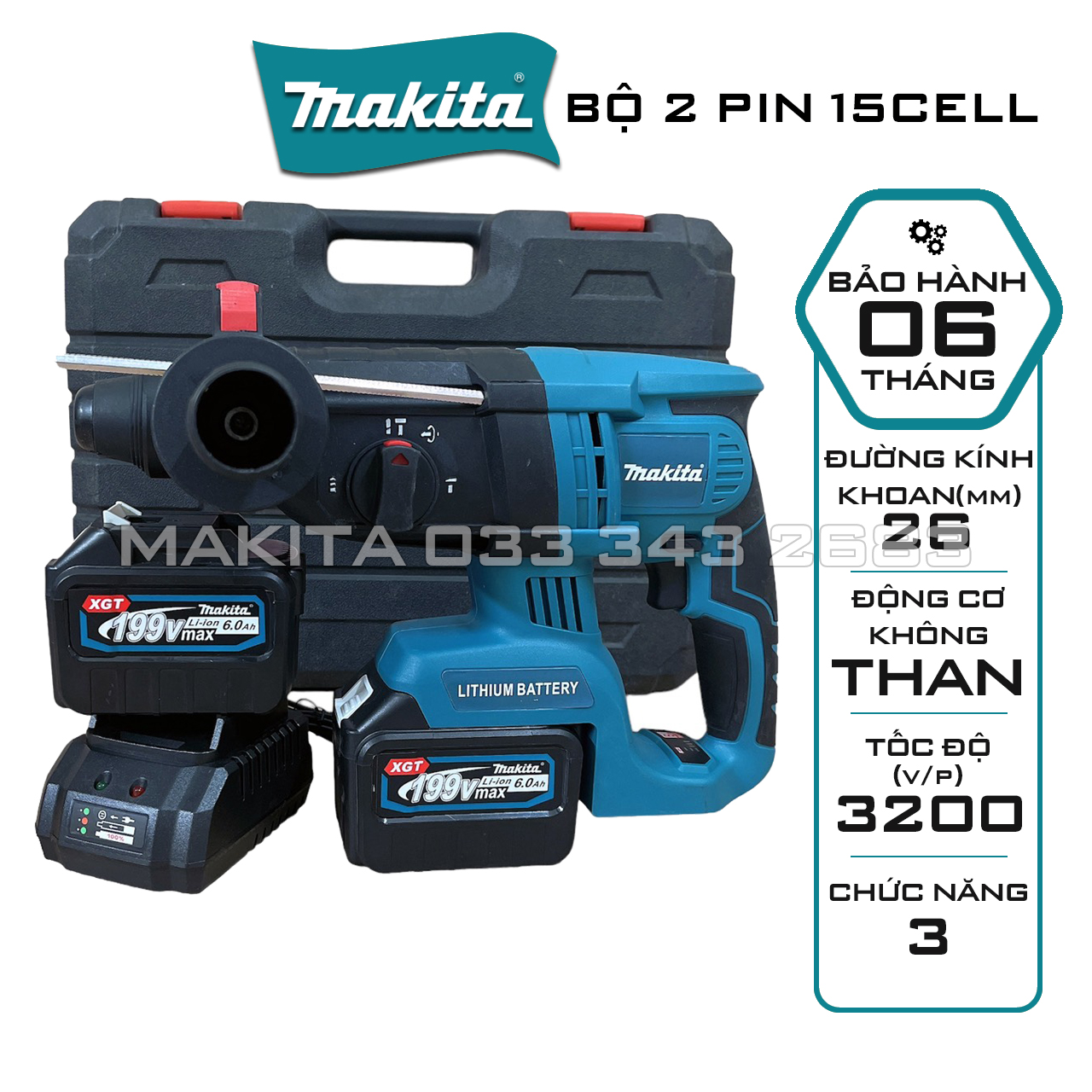Máy khoan đục bê tông pin 15 cell makita 199v, động cơ không chổi than siêu mạnh mẽ và bền bỉ, cell pin chính hãng navara