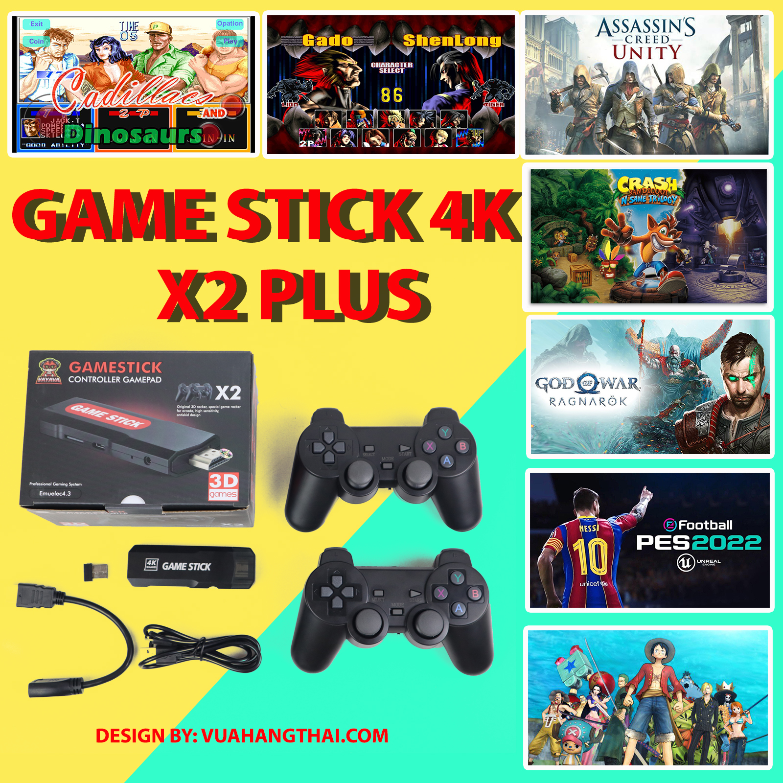 Máy chơi game stick 4k đỏ x2 mới 2022 - thêm game psp, game 3d gta, pes 2022, one piece, crash bandicoot