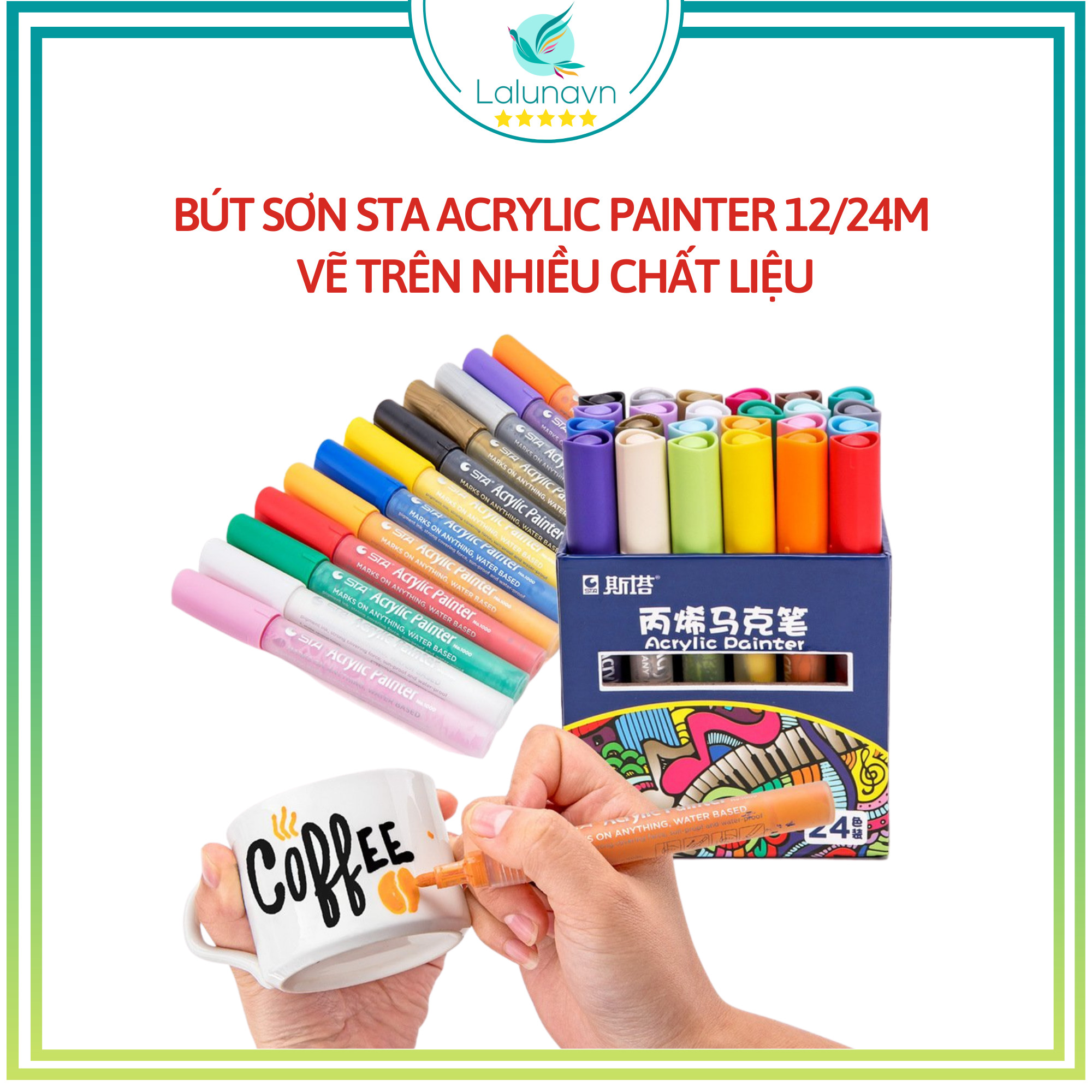 Lalunavn Bộ bút sơn Acrylic STA Painter 12/24 màu, vẽ trên nhiều chất liệu, tạo hình độc đáo - B38