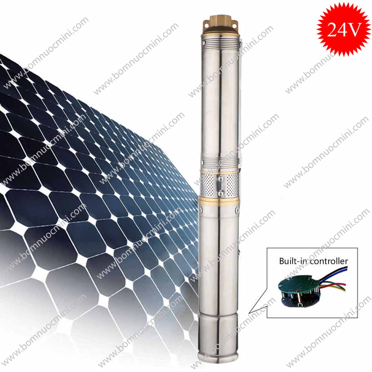 Solar bơm hỏa tiễn 24v 350w 4" 5.000l/h đẩy 40m - 9 tầng cánh