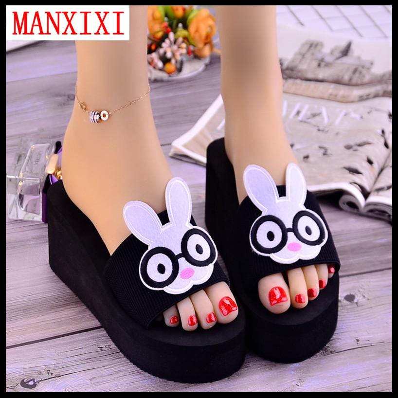 MANXIXI Brand Beautiful Flat Slippers 2.36 Inches Wedge Sandals Big Rabbit Inlay Rubber Sole Sturdy Black Shoes For Women (34-39 size)