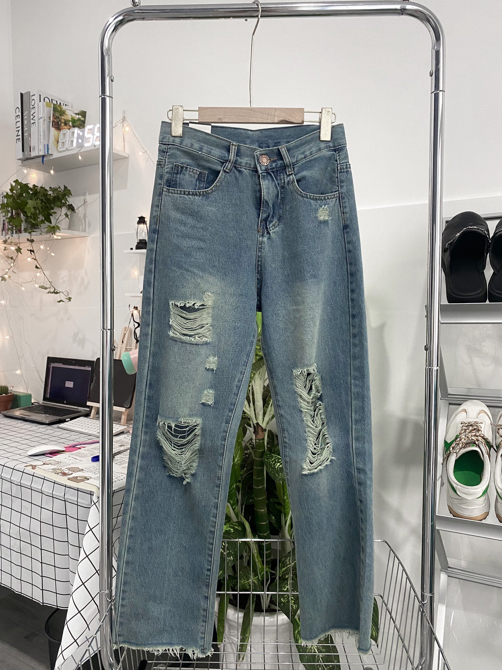 Quần Baggy Jeans rách gối ống suông form rộng unisex nam nữ vải jeans dày Thời trang Unisex HCM JN07