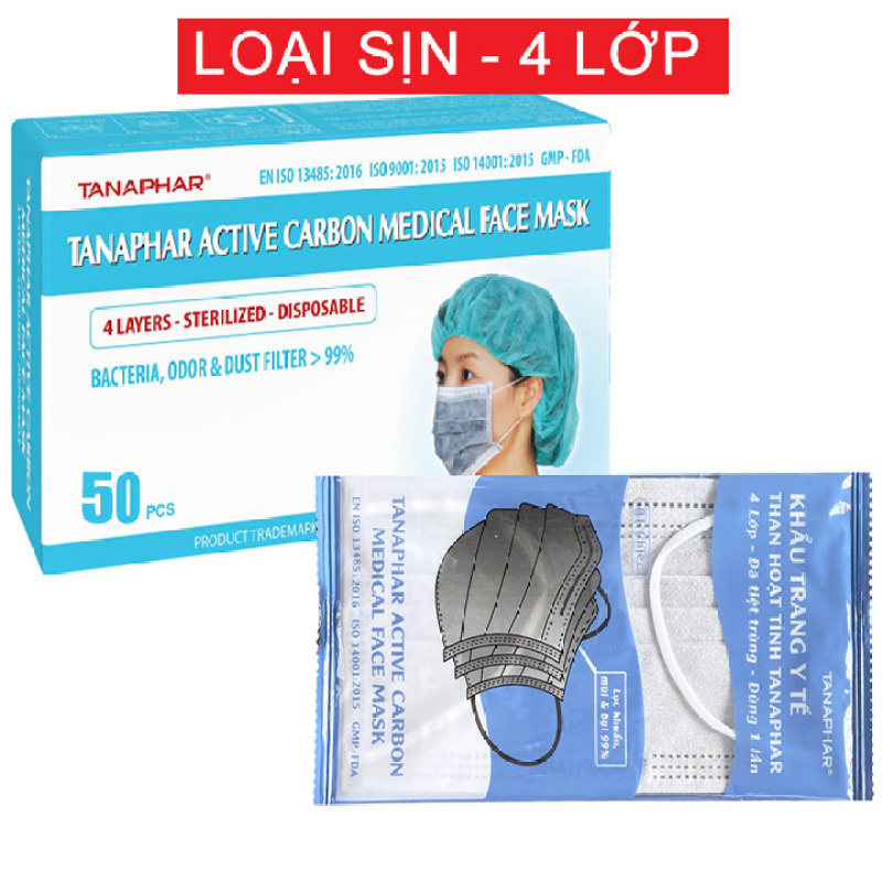 Khẩu trang y tế Than hoạt tính 4 Lớp - Hộp 50 chiếc đã tiệt trùng với lớp than hoạt tính kháng khuẩn chống bụi, Thanh tựa mũi và quai đeo dễ định hình, chắc chắn, vừa vặn, không ảnh hưởng khí thở khi sử dụng, khẩu trang Vin House