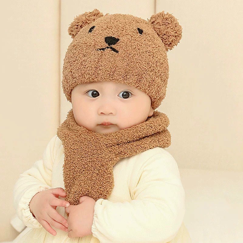 Mũ len kèm khăn quàng hình gấu đáng yêu, đủ màu sắc cho bé trai và bé gái