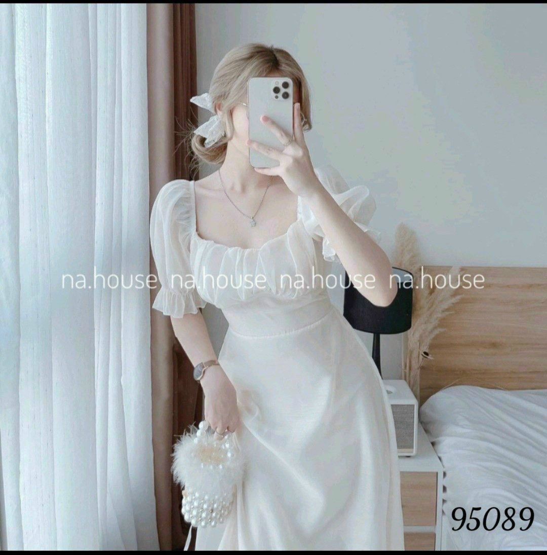 Đầm voan trắng 2 lớp tay phồng, kiểu dáng thanh lịch nữ tính nhẹ nhàng - th