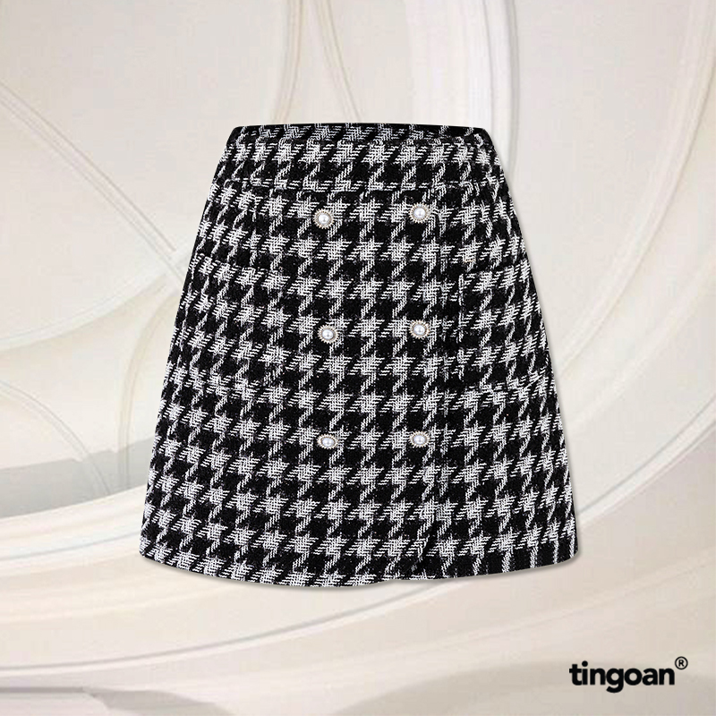Tingoan® - chân váy tweed cạp cao xếp vạt phối 6 cúc lover in dream skirt/bl