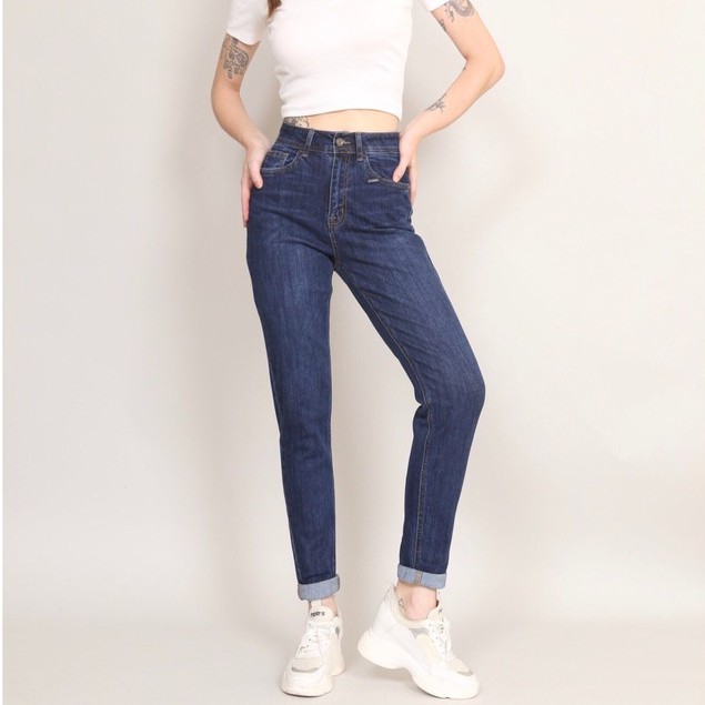 Quần Jean Nữ Boyfriend Trơn Cạp Cao co dãn CT Jeans Quần jean nữ baggy lưng cao
