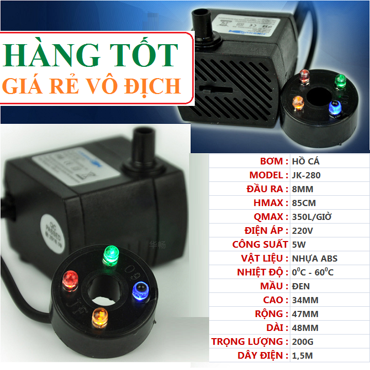 Bơm chìm hồ cá 2w hoặc 5w có 4 đèn LED
