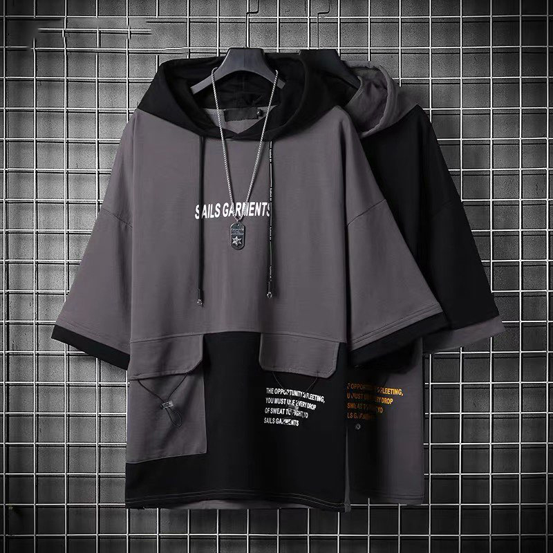 Áo Hoodie Nam Nữ Unisex Cộc Tay Có Mũ Phối Dây In Chữ SAILS GARMENTS Thời Trang August TOP NAM 204