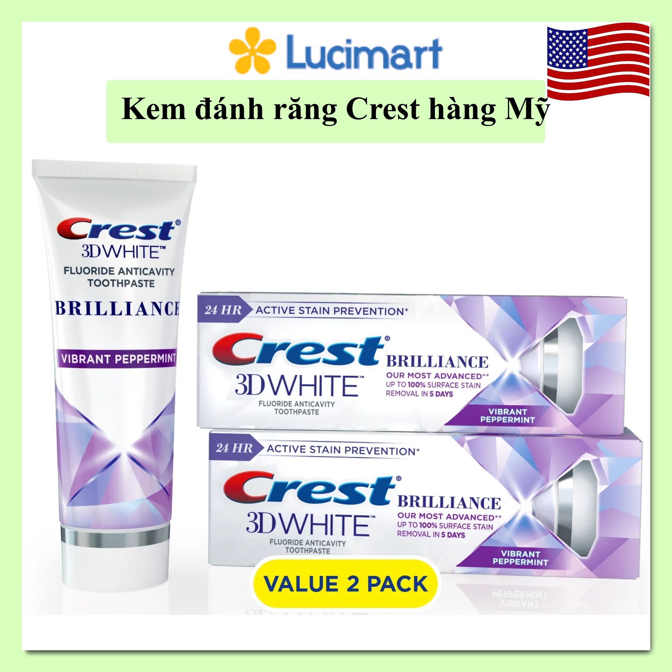 Kem đánh răng Crest 3D White Brilliance Vibrant Peppermint [Hàng Mỹ]