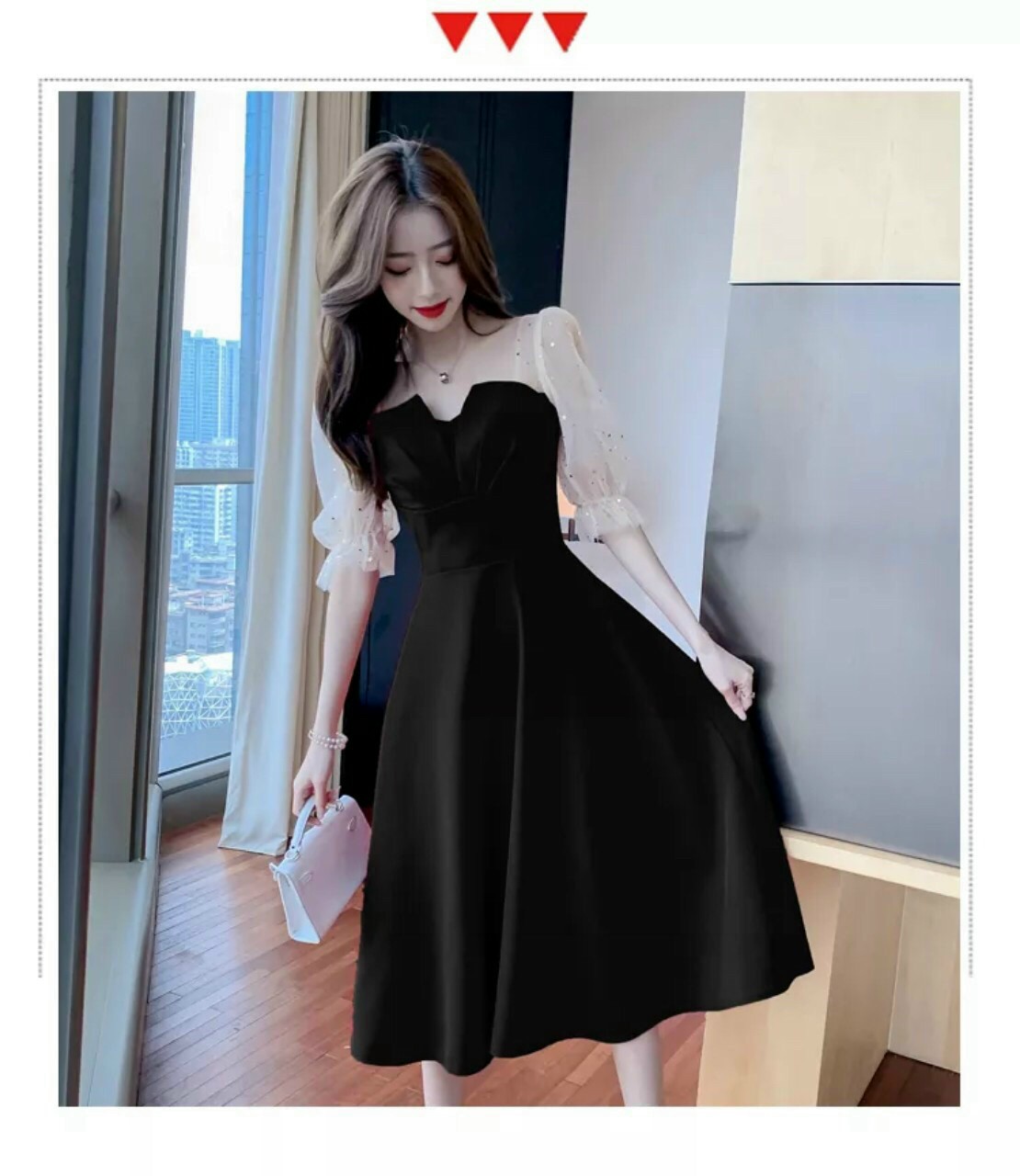 ĐẦM XẾP NGỰC PHỐI TAY LƯỚI KIM SA (CÓ MÚT NGỰC )