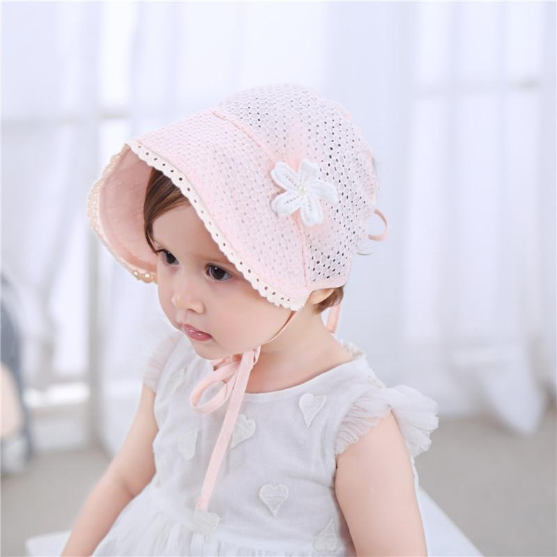 Mũ bonnet cotton đục lỗ đính hoa cho bé MB003