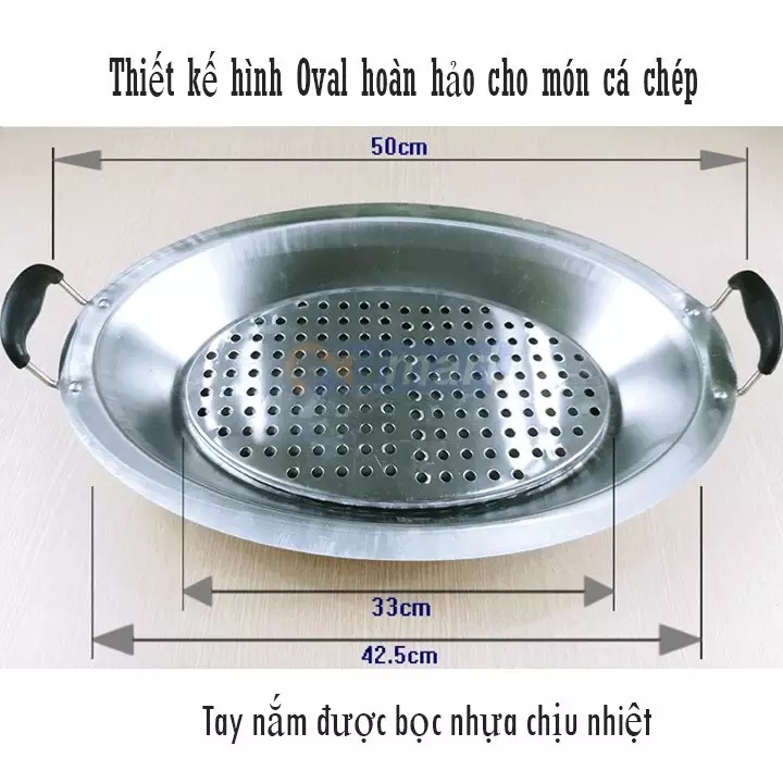 Khay cá chép om dưa mẫu mới 2023 chất inox dày đẹp, có tay cầm bọc nhựa chống nóng, Khay chảo cá chép om dưa cao cấp nấu được các loại bếp, Khay ca chep om dua mau moi 2019 chat inox day dep