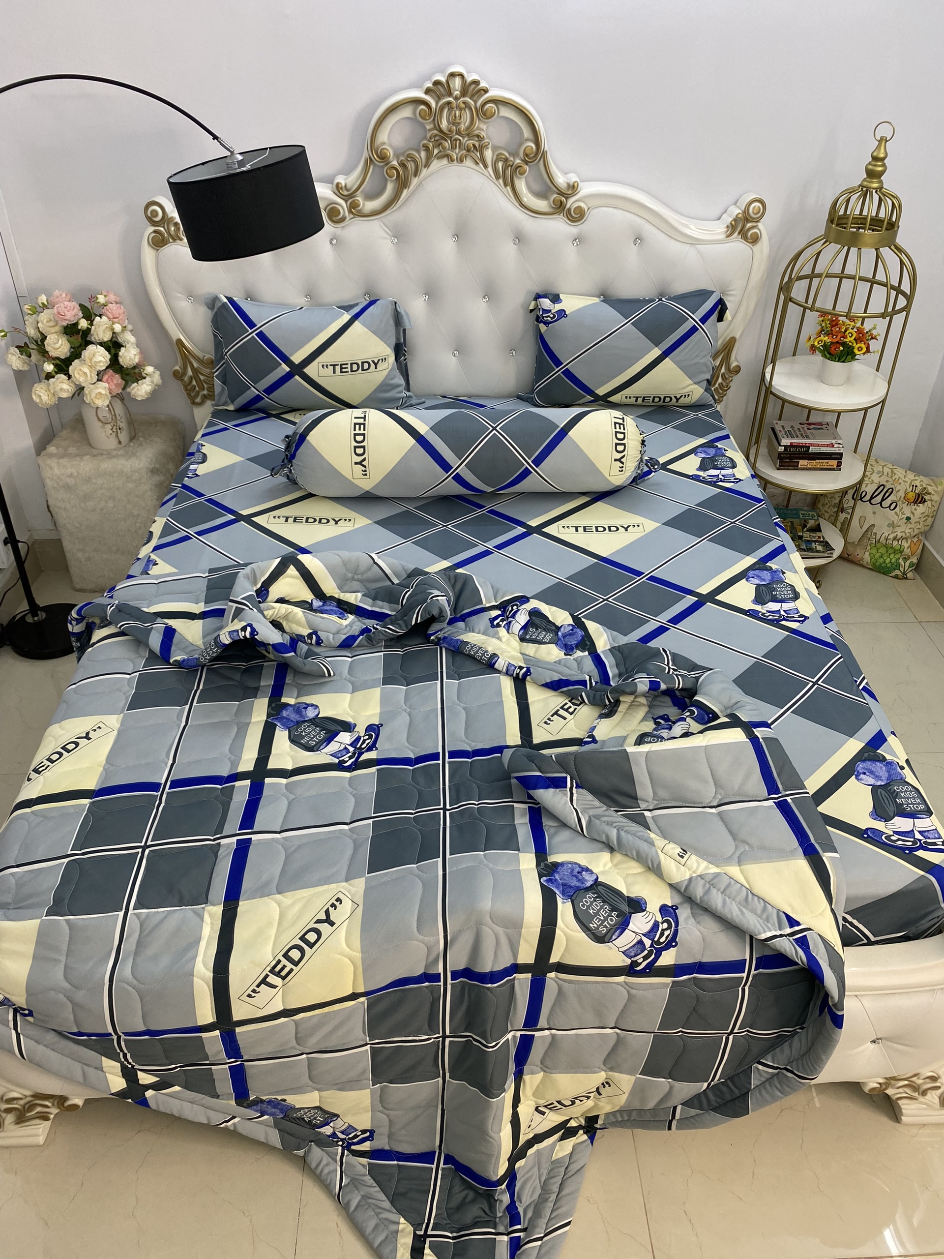 [HCM]Bộ chăn drap gối  thun Hàn Quốc loại 1 có mền 5 món ( 1 drap + 1 chăn chần bông + 3 áo gối) đủ size