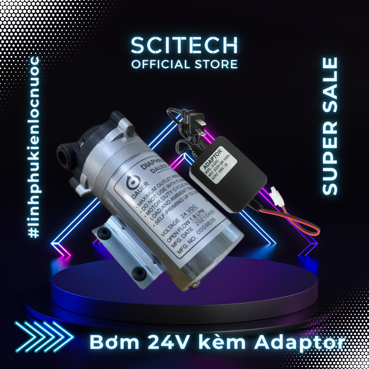 Bơm tăng áp máy lọc nước 24V (Tặng kèm co bơm) - Scitech Water
