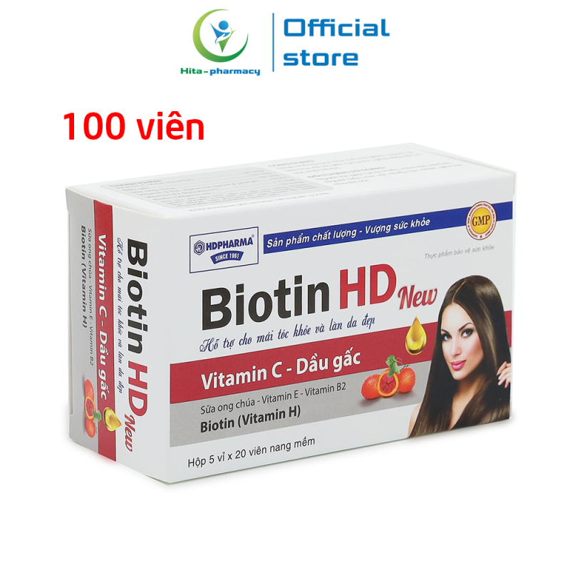 Viên uống Biotin HD New, vitamin C, dầu gấc, vitamin B giúp khỏe tóc, đẹp da, giảm rụng tóc, chống lão hóa - Hộp 100 viên cao cấp