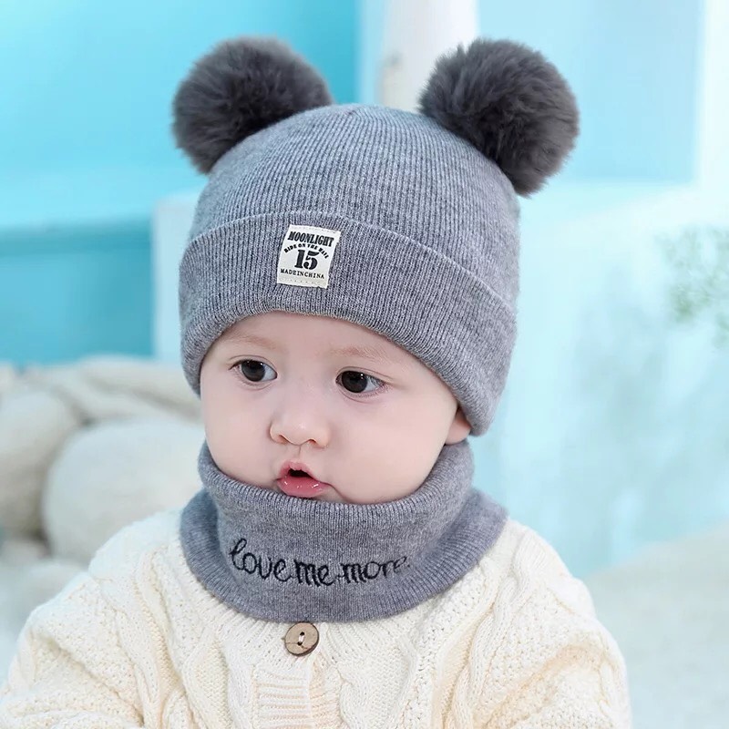 Mũ len kèm khăn 2 quả bông cho bé