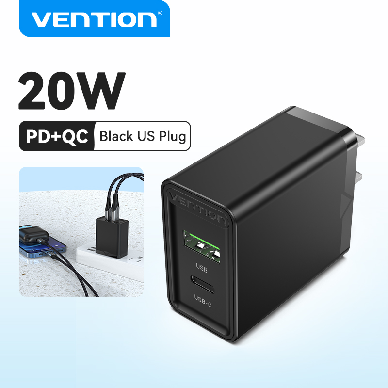 Vention Quick Charge QC 3.0 USB 18W USB-C 20W Wall 3A high current Two ports Charge in sync For OPPO Vivo iPhone Huawei Xiaomi Redmi Realme  Fast Charging Adapter Power Adapter