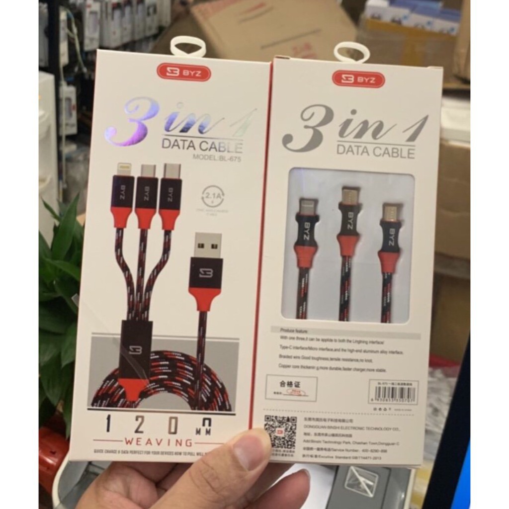 Cáp Sạc Bọc Dù 3 Chân Đa Năng Byz (Iphone, Microusb, Typec 3In1)