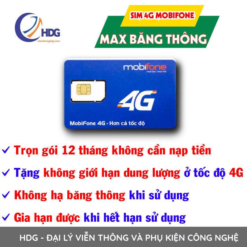 [HCM](Free 12 tháng) Sim 4G mobifone max băng thông  không giới hạn dung lượng tốc độ cao. Miễn phí 12 tháng - viễn thông HDG