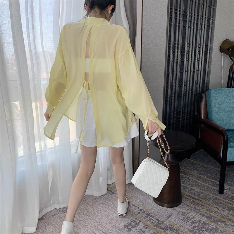Áo sơ mi voan tay phồng kabico sơ mi xẻ sau khoác ngoài mặc đi biển, du lịch form rộng dài tay mỏng nhẹ thời trang