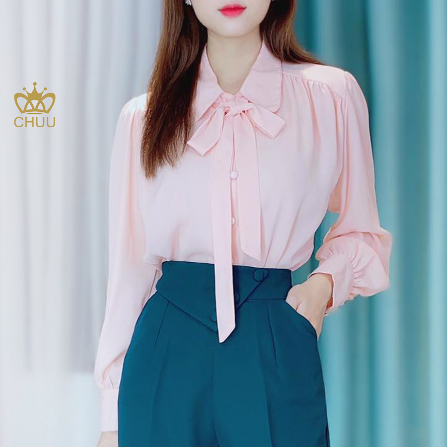 Áo sơ mi tay dài cổ nơ nút bọc Basic CHUU A5063
