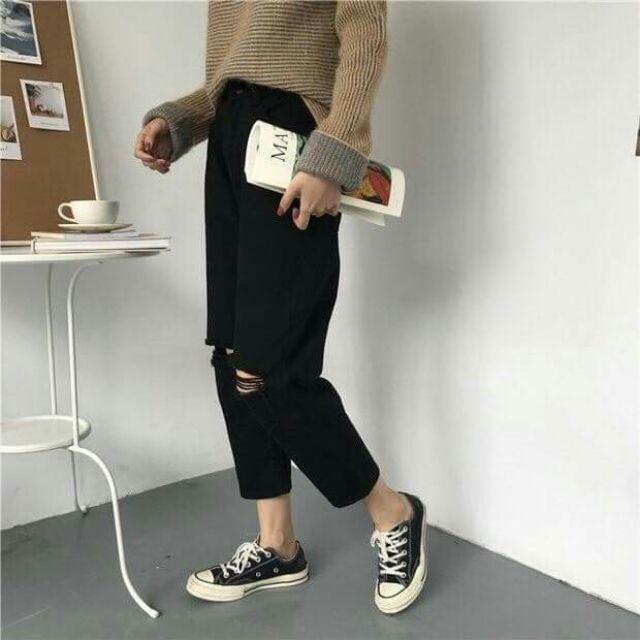 Baggy trơn basic lưng thun rách gối
