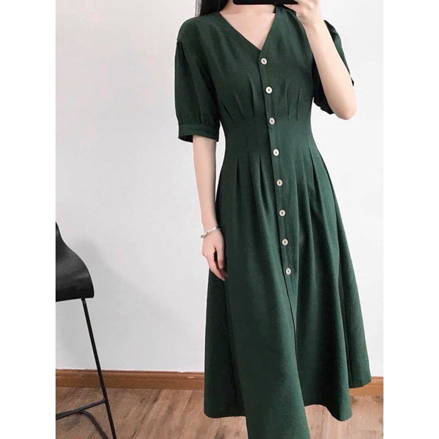 Đầm xanh lính xếp li
