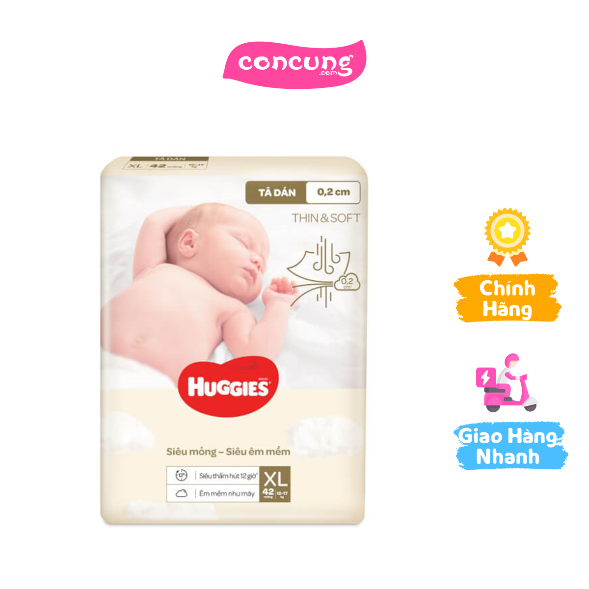 Tã dán Huggies Thin & Soft (XL, 12-17kg, 42 miếng)